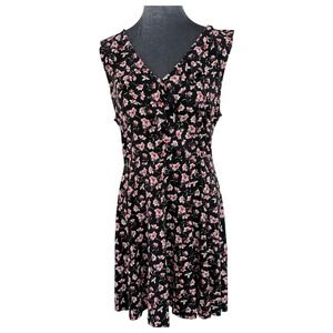 FORTUNE + IVY Women's Black Floral Print V Neck Sleeveless Mini Dress Size LP